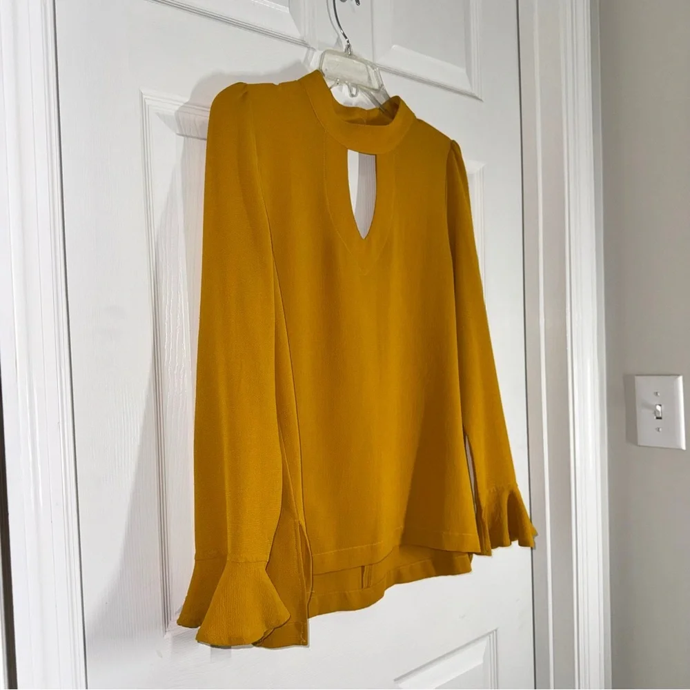 JODIFL Golden Mustard Yellow Double Keyhole Long Sleeve Blouse Wrist Ruffles